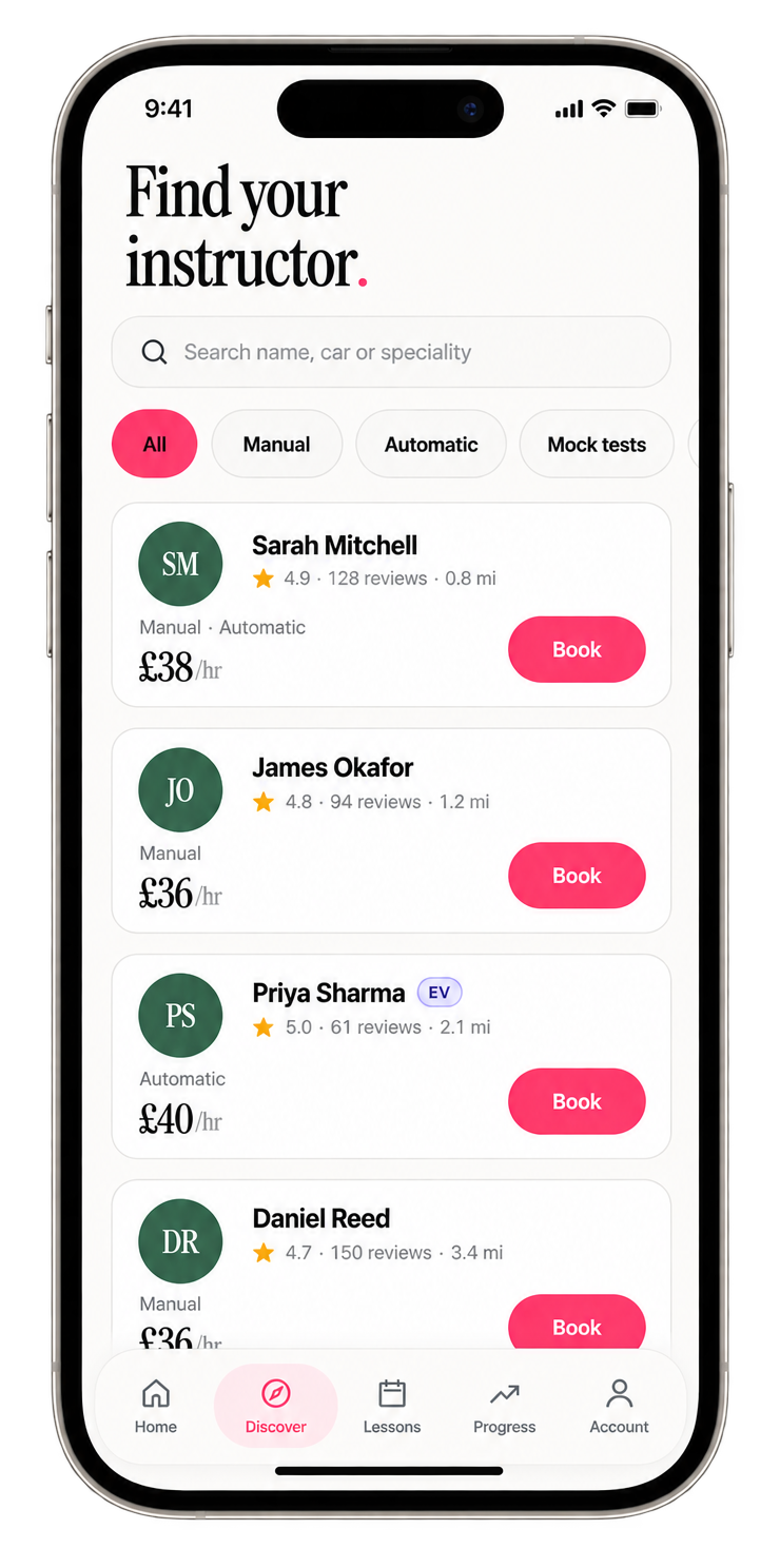 Newdryve instructor discovery screen with search, filters and verified instructor cards
