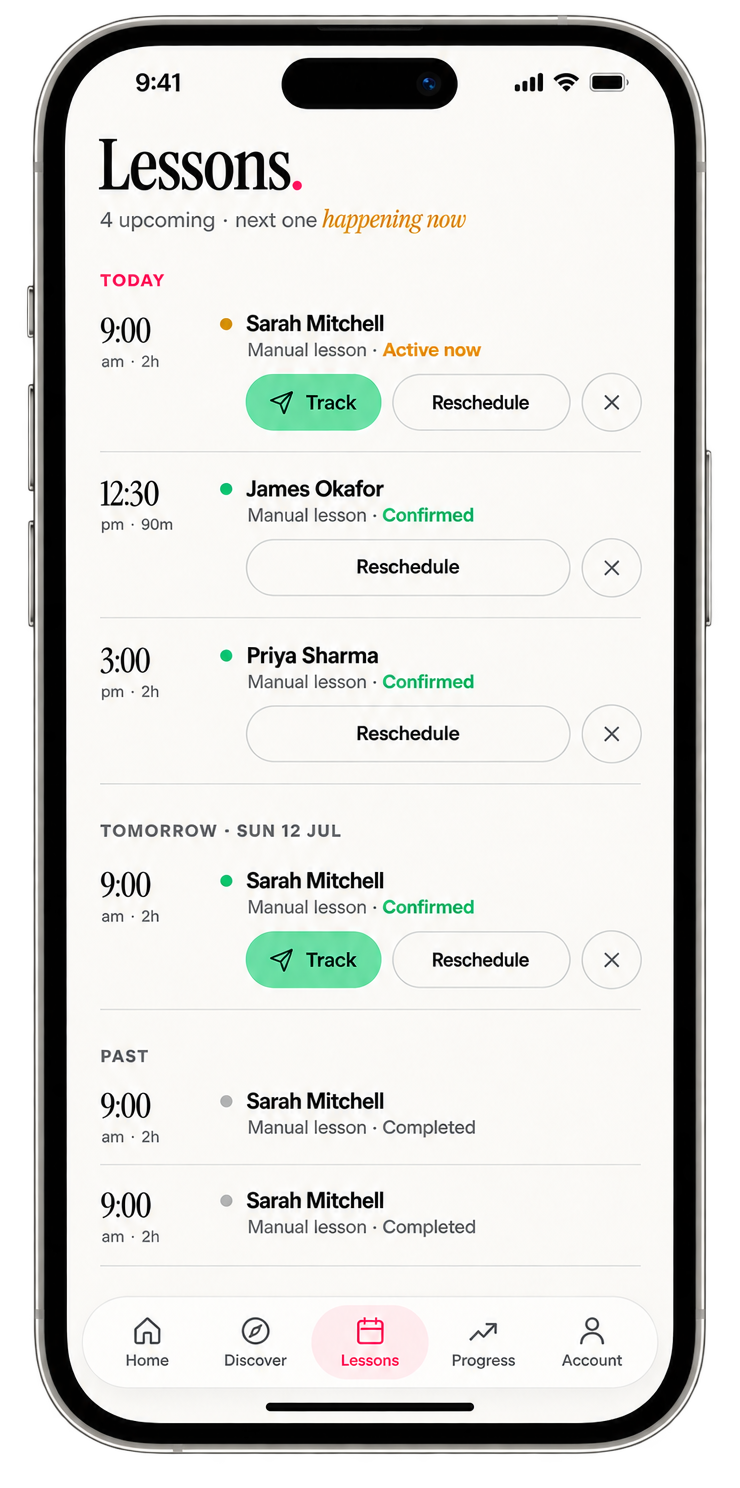 Newdryve lessons screen showing upcoming lessons, lesson tracking and rescheduling controls